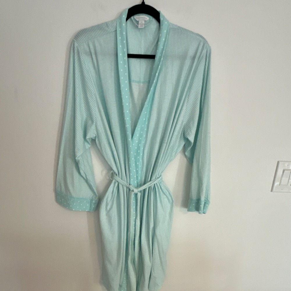 Charter Club Light Blue Striped Polka Dot Tie Robe 100% Cotton XL Women's